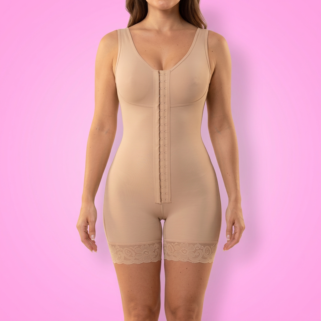 AI-generated model wearing the CurveForm lace-trim hook-front mid-thigh bodysuit in Beige, straight front detail view on a light pink studio background