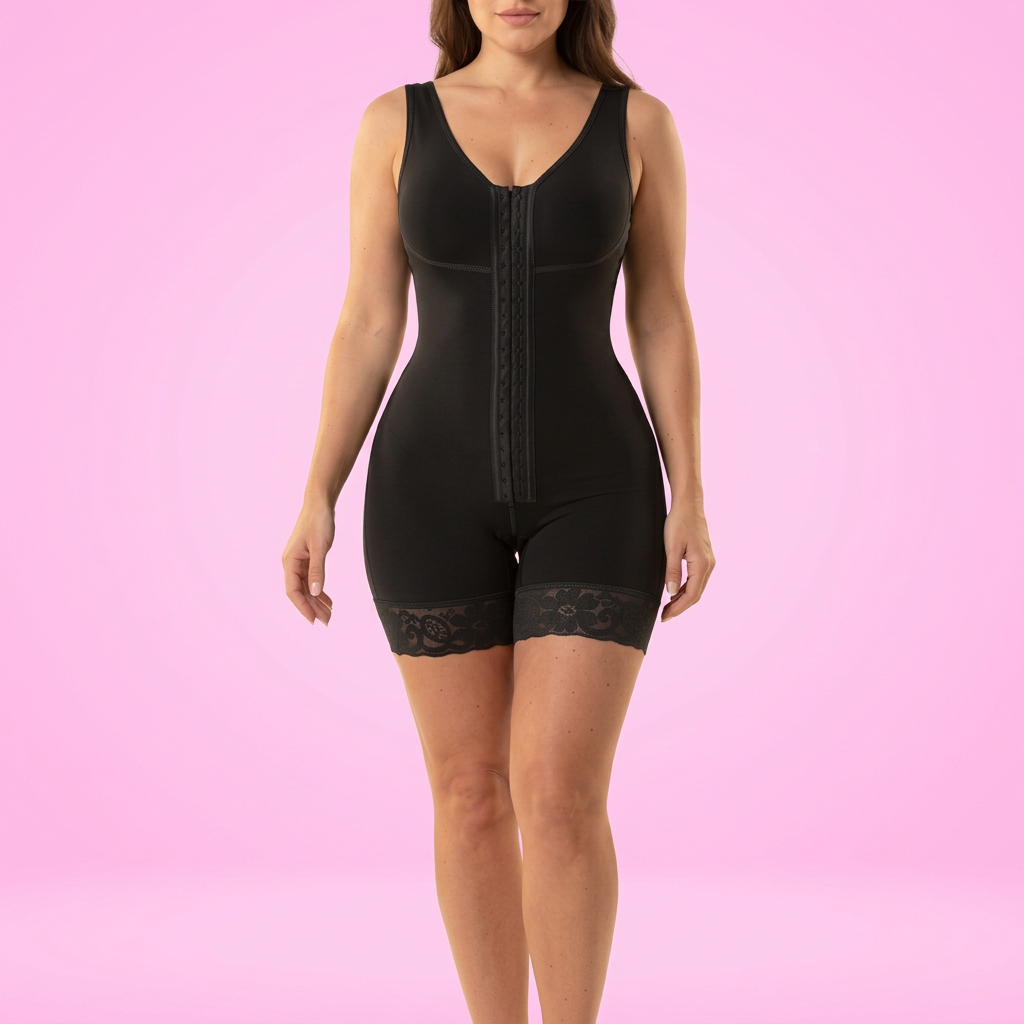AI-generated model wearing the CurveForm lace-trim hook-front mid-thigh bodysuit in Black, straight front detail view on a light pink studio background