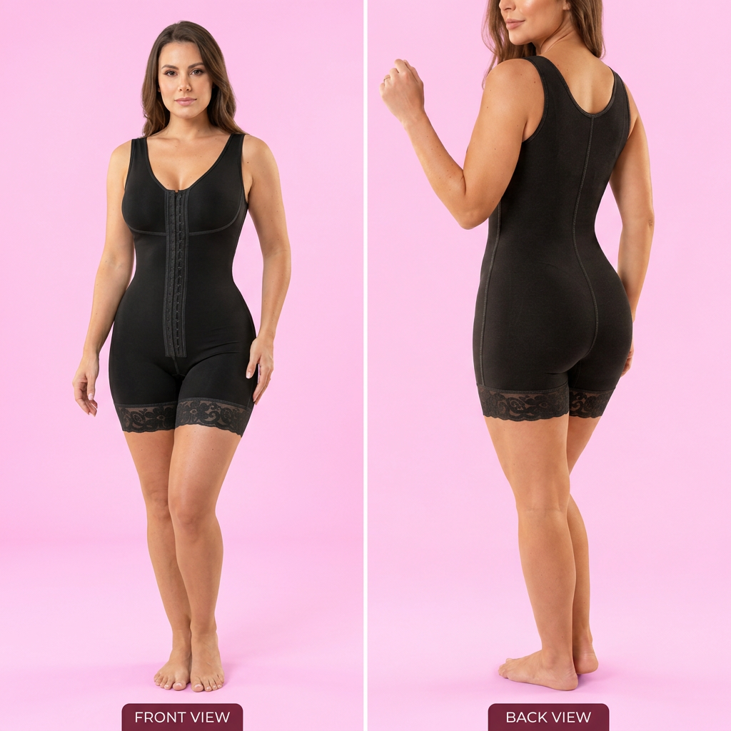 AI-generated front and back fit views of the CurveForm lace-trim hook-front mid-thigh bodysuit in Black on a light pink studio background