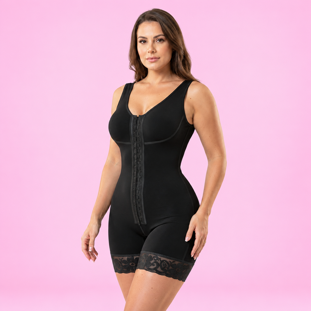 AI-generated model wearing the CurveForm lace-trim hook-front mid-thigh bodysuit in Black, front three-quarter view on a light pink studio background