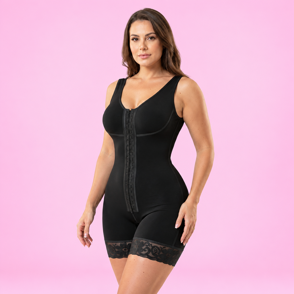 AI-generated model wearing the CurveForm lace-trim hook-front mid-thigh bodysuit in Black, front three-quarter view on a light pink studio background