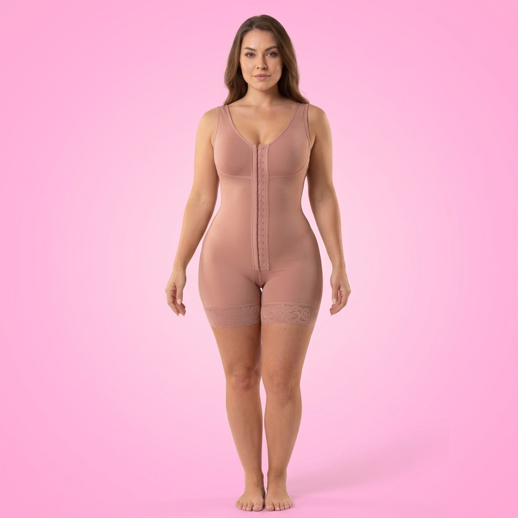 AI-generated model wearing the CurveForm lace-trim hook-front mid-thigh bodysuit in Rose Gold, straight front detail view on a light pink studio background