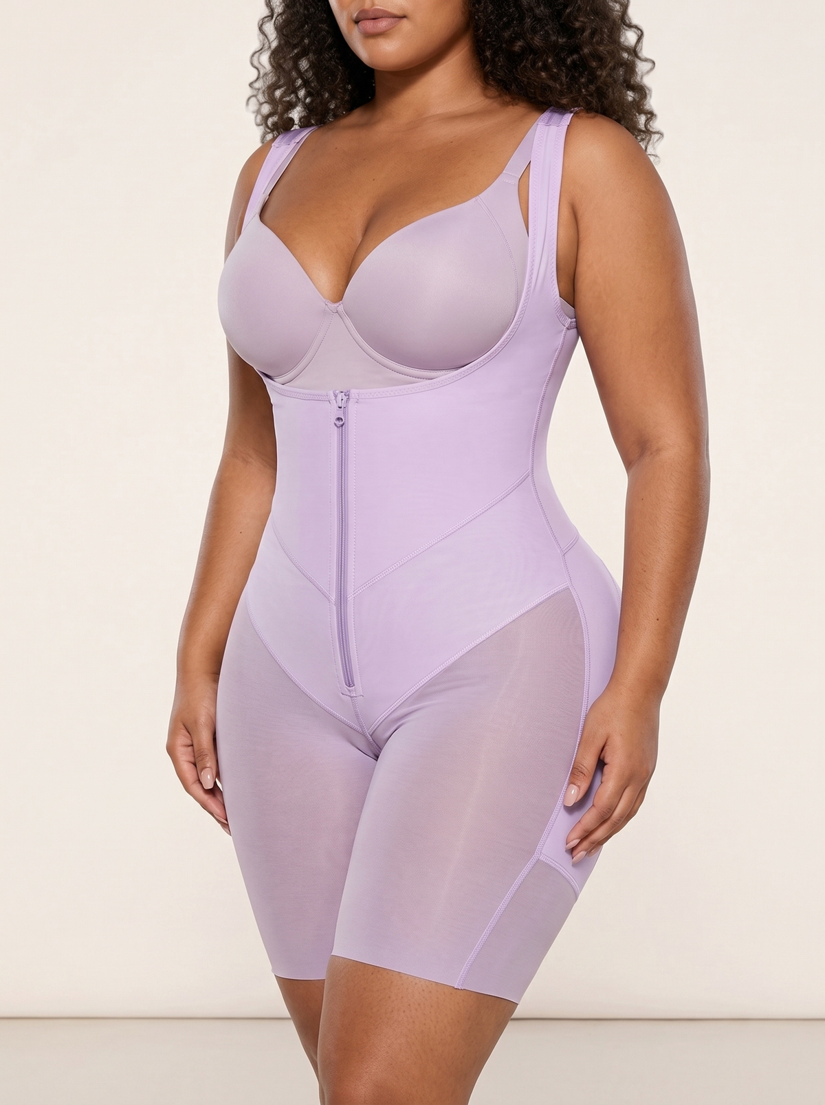 AI-generated model wearing the FlexFit open-bust zip-front mid-thigh bodysuit in Light Purple, front three-quarter view