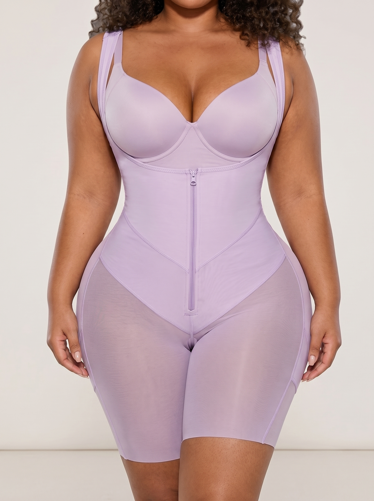 AI-generated model wearing the FlexFit open-bust zip-front mid-thigh bodysuit in Light Purple, straight-front detail view